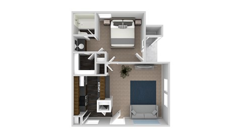 A 3D floor plan of a small apartment with a living room, kitchen, and bathroom.